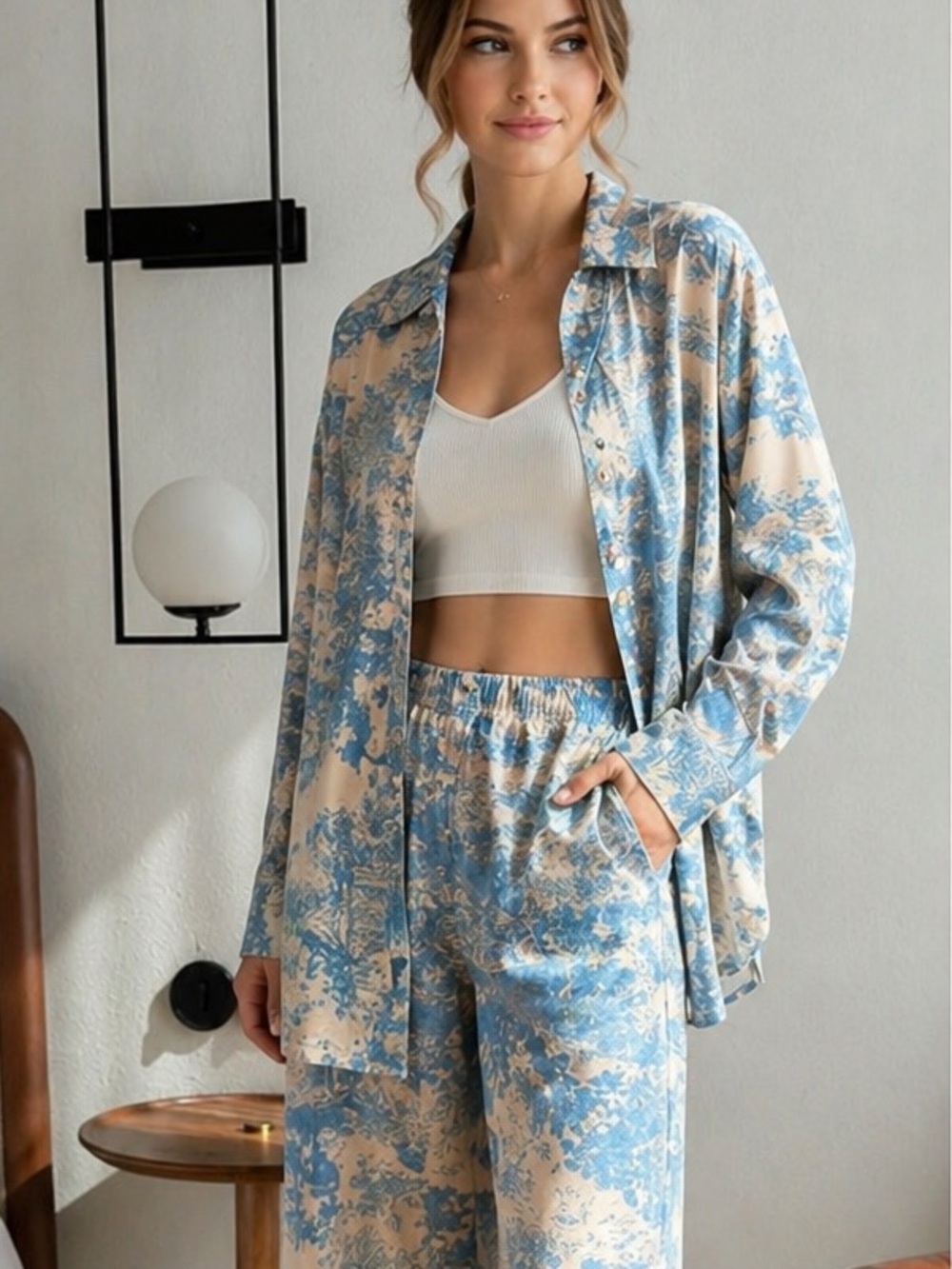 Commense Blue Toile Print Two Piece Set Wide Leg Pants Button Front Top Large